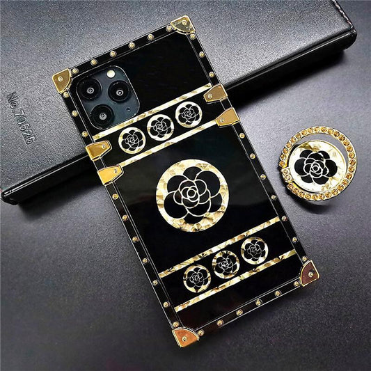 2021 Luxury Brand Black Rose Flower Stripe Glitter Gold Square Case For iPhone - Dealggo.com