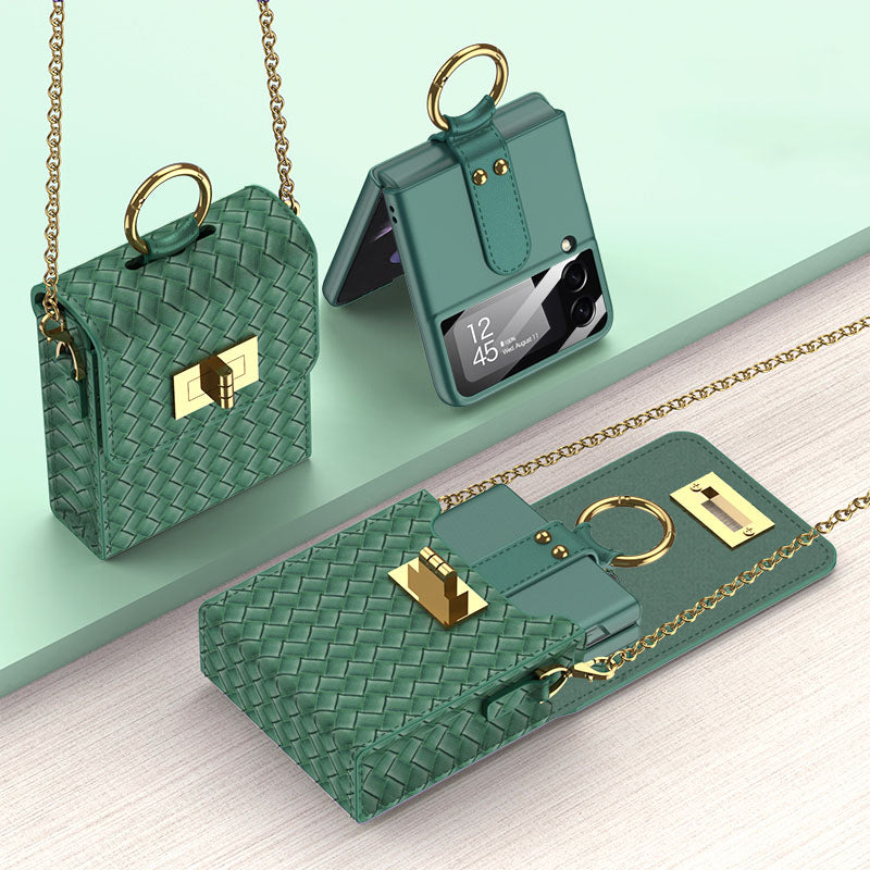 Luxury Leather Mini Phone Bag with Gold Chain For Samsung Galaxy Z Flip 3/4/5/6
