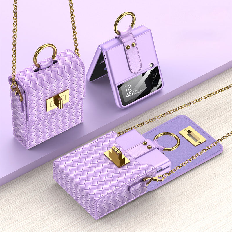 Luxury Leather Mini Phone Bag with Gold Chain For Samsung Galaxy Z Flip 3/4/5/6