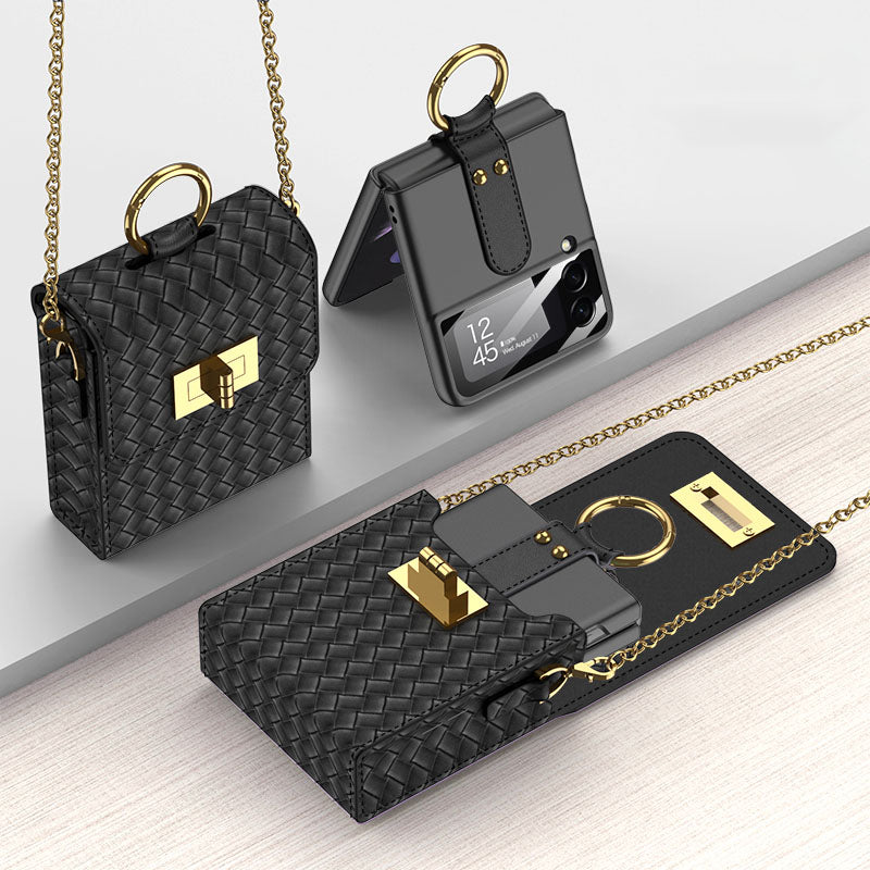 Luxury Leather Mini Phone Bag with Gold Chain For Samsung Galaxy Z Flip4 Flip3 5G