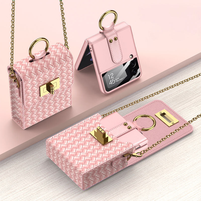 Luxury Leather Mini Phone Bag with Gold Chain For Samsung Galaxy Z Flip 3/4/5/6