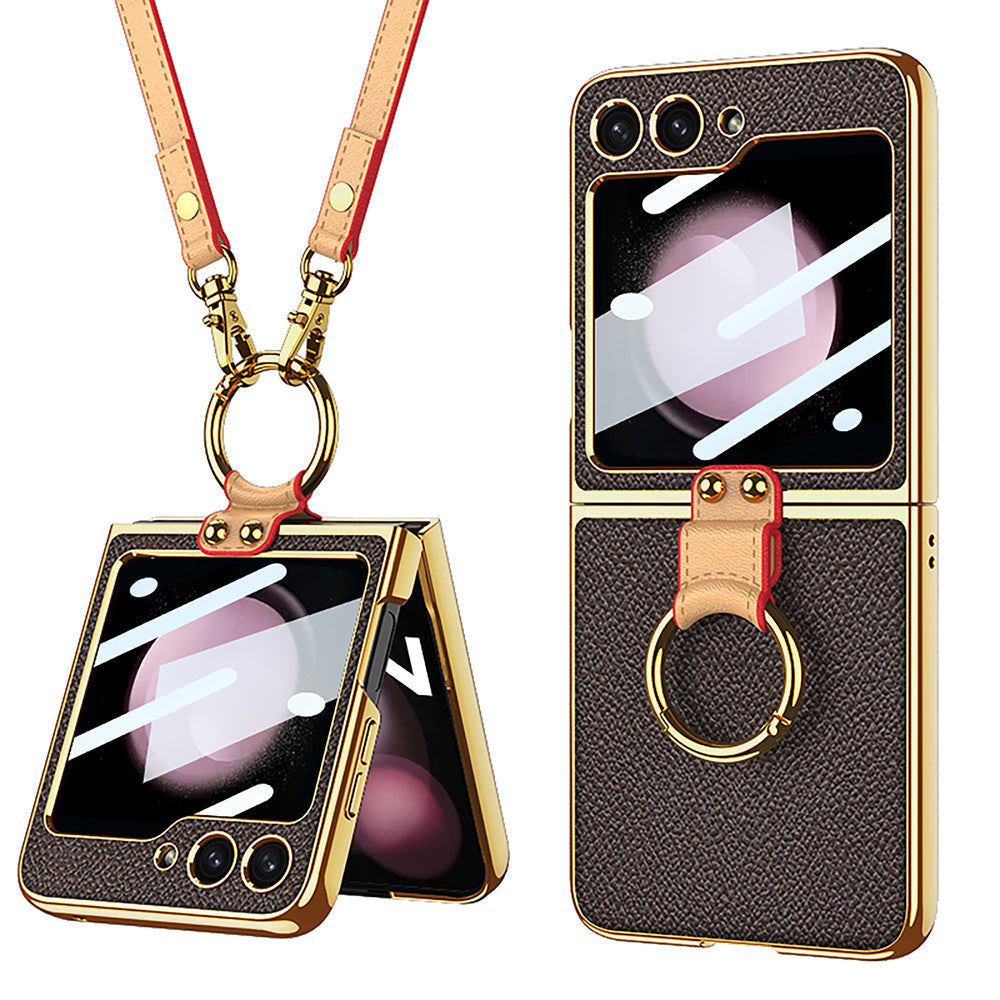 Original Leather Back Screen Tempered Glass Hard Frame Cover For Samsung Z Flip 3/4/5 With Lanyard