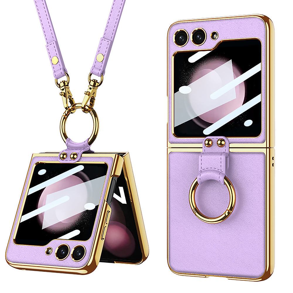 Original Leather Back Screen Tempered Glass Hard Frame Cover For Samsung Z Flip 3/4/5 With Lanyard