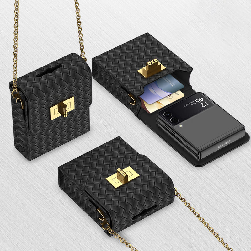 Luxury Leather Mini Phone Bag with Gold Chain For Samsung Galaxy Z Flip 3/4/5/6