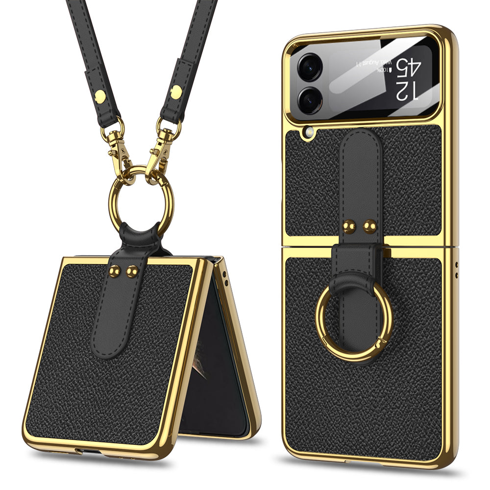 Original Leather Back Screen Tempered Glass Hard Frame Cover For Samsung Z Flip 3/4/5 With Lanyard