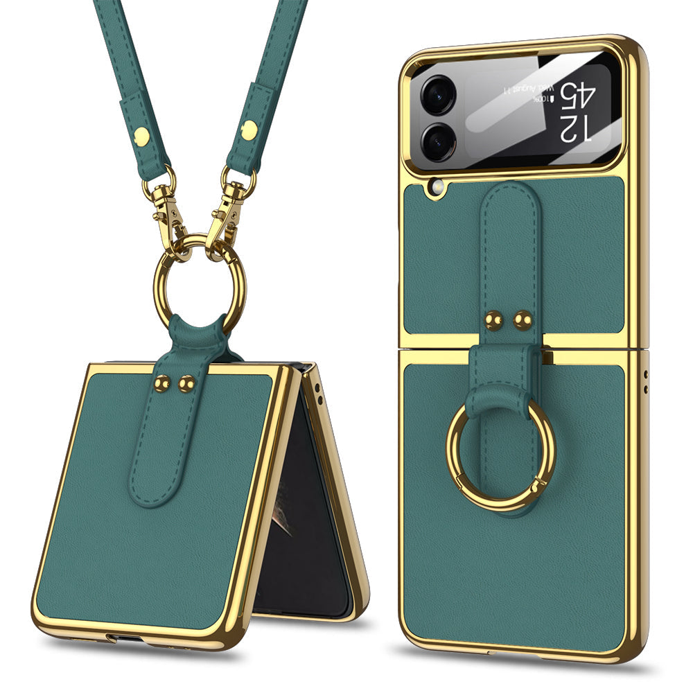 Original Leather Back Screen Tempered Glass Hard Frame Cover For Samsung Z Flip 3/4/5 With Lanyard