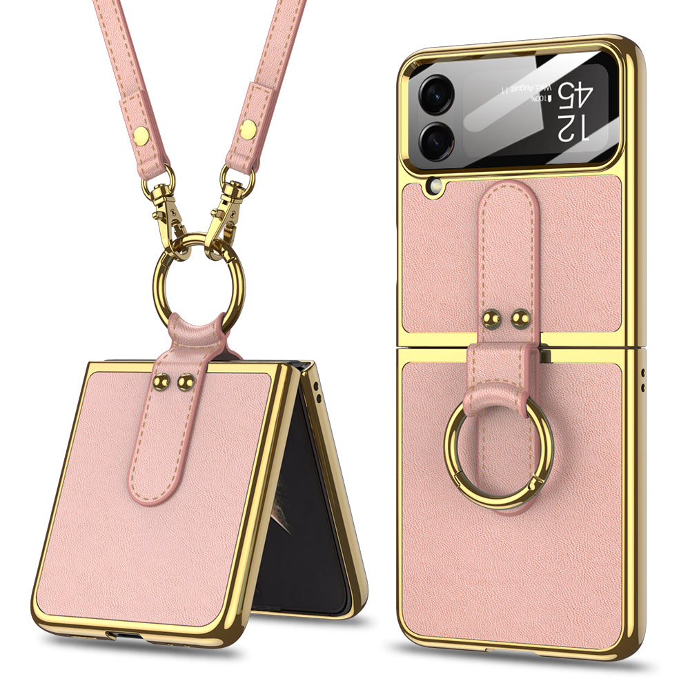 Original Leather Back Screen Tempered Glass Hard Frame Cover For Samsung Z Flip 3/4/5 With Lanyard