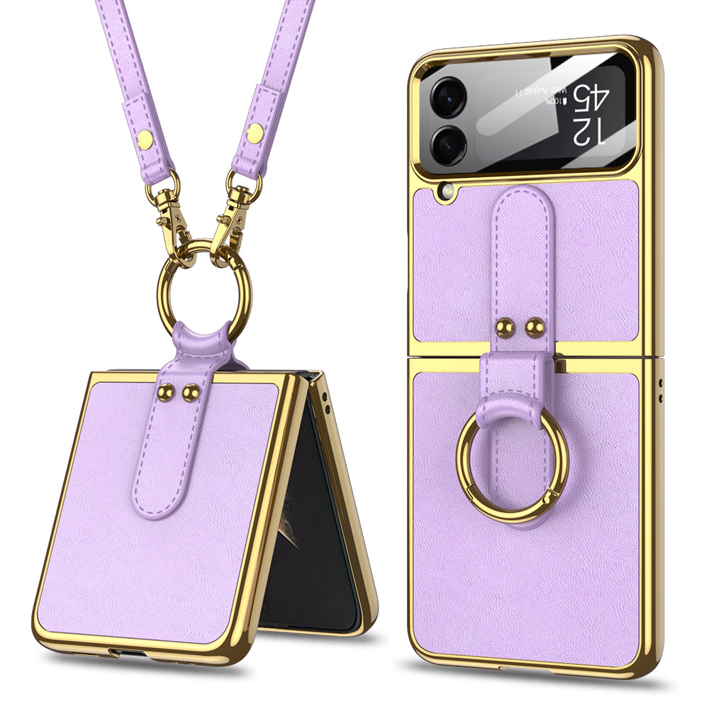 Original Leather Back Screen Tempered Glass Hard Frame Cover For Samsung Z Flip 3/4/5 With Lanyard