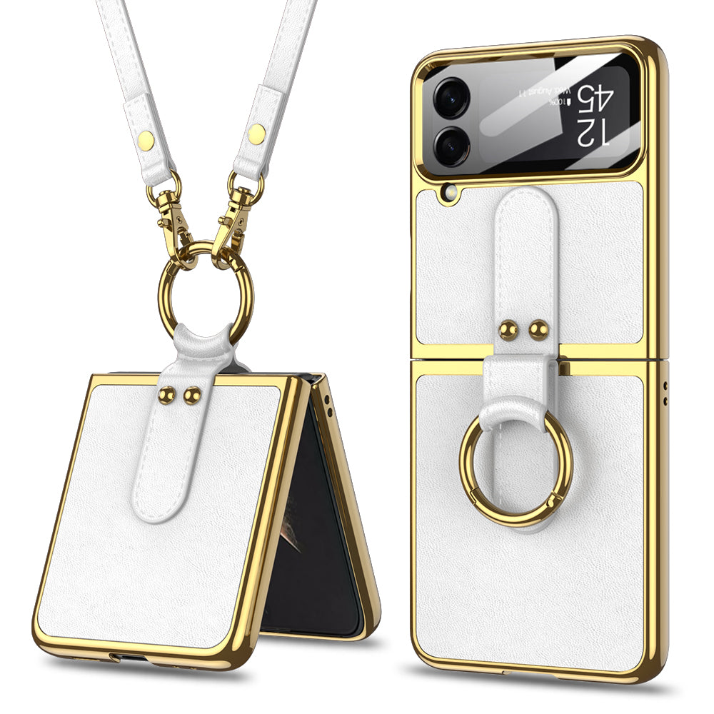 Original Leather Back Screen Tempered Glass Hard Frame Cover For Samsung Z Flip 3/4/5 With Lanyard