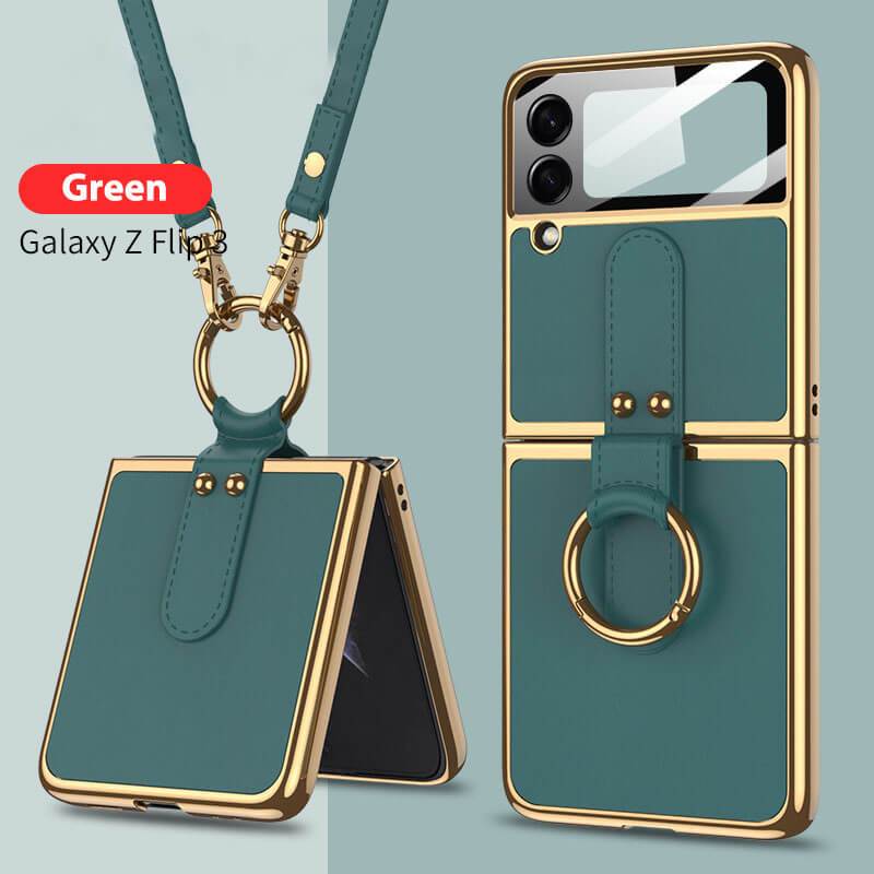 Original Leather Back Screen Tempered Glass Hard Frame Cover For Samsung Z Flip 3 5G With Lanyard - GiftJupiter