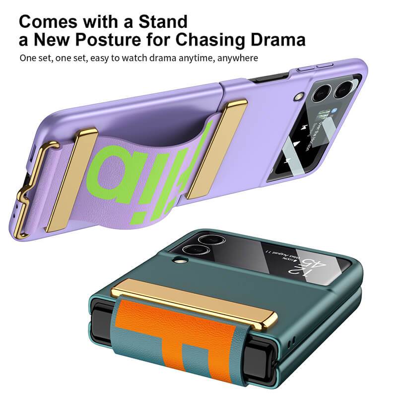 Original Leather Strap Holder Back Screen Glass Hard Cover For Samsung Z Flip 3 5G - GiftJupiter