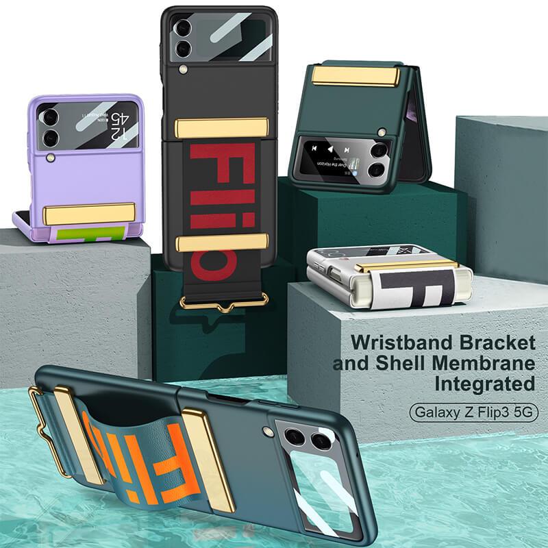 Original Leather Strap Holder Back Screen Glass Hard Cover For Samsung Z Flip 3 5G - GiftJupiter