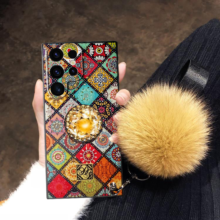 Hair Ball Airbag Bracket Diamond Case For Samsung / iPhone