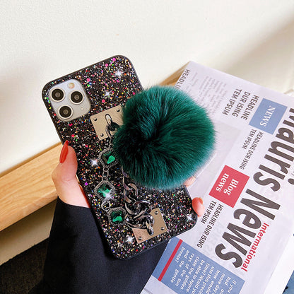 Dazzling Plush Ball Glitter Airbag Mobile iPhone Cases With Bracket