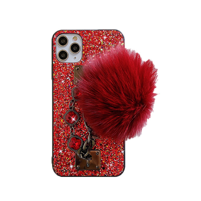 Dazzling Plush Ball Glitter Airbag Mobile iPhone Cases With Bracket