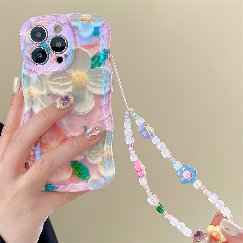3D Colorful Oil Painting Exquisite Flower Graffiti Case For iPhone With Bracelet