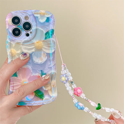 3D Colorful Oil Painting Exquisite Flower Graffiti Case For iPhone With Bracelet