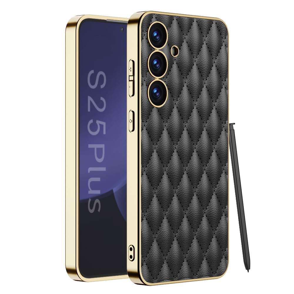 Luxury Electroplated Rhombic Leather Phone Cover for Galaxy S25 Plus