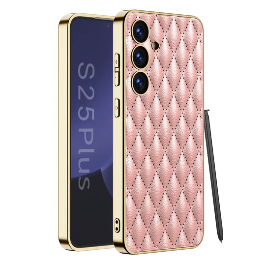 Luxury Electroplated Rhombic Leather Phone Cover for Galaxy S25 Plus