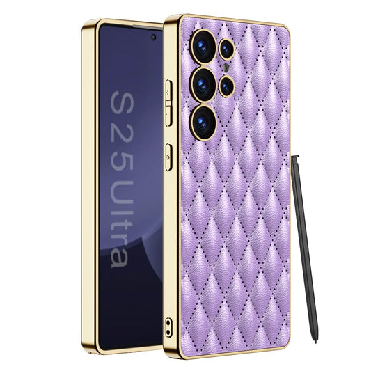 Luxury Electroplated Rhombic Leather Phone Cover for Galaxy S25 Ultra