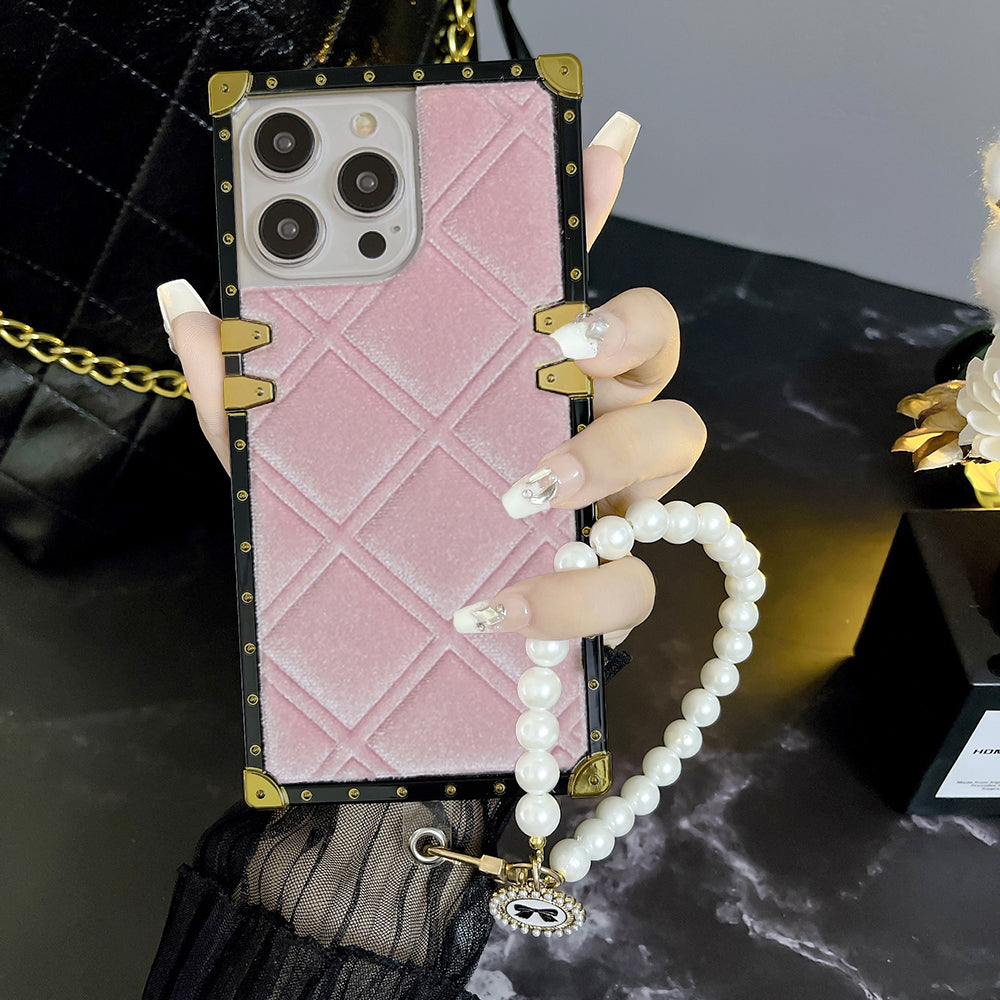 Luxury Velvet Case with Pearl Chain for iPhone and Samsung