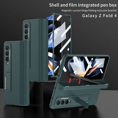 Magnetic Hinge Holder Protective Pen Case Leather Phone Case With Back Screen Glass For Samsung Galaxy Z Fold3 Fold4 Fold5 5G - Mycasety Mycasety