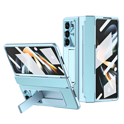 Luxury Leather Magnetic Bracket Shell Electroplated Phone Case For Samsung Galaxy Z Fold3/4/5 With Back Screen Glass - Mycasety Mycasety