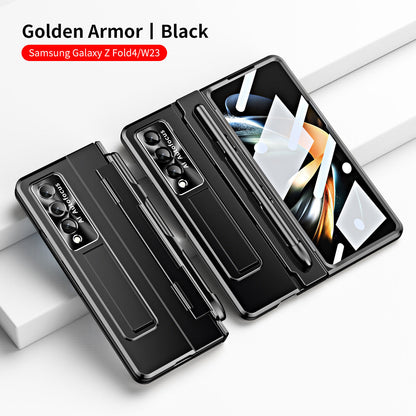 Golden Armor Hinge Magnetic Bracket Protective Phone Case With Front Protection Film For Samsung Galaxy Z Fold5 Fold4 Fold3 - Mycasety Mycasety