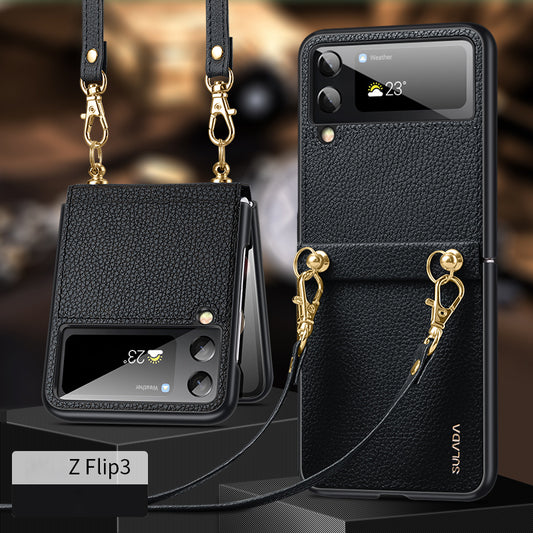 Solid Color Leather With Lanyard For Samsung Galaxy Z Flip3/4 Case