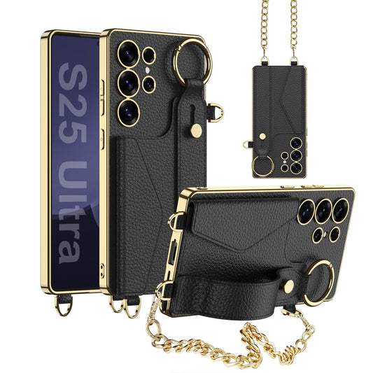 Electroplated Leather Wristband Card Holder Wallet Case for Galaxy S25 Ultra
