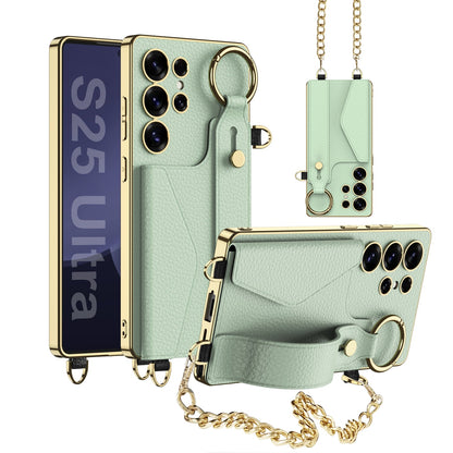 Electroplated Leather Wristband Card Holder Wallet Case for Galaxy S25 Ultra