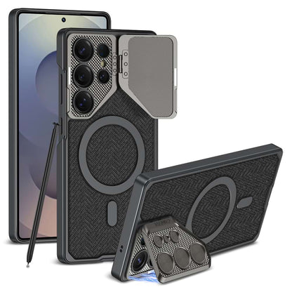 Magnetic Adjustable Camera Metal Kickstand Premium Rugged Protective Leather Case for Galaxy S25 Ultra
