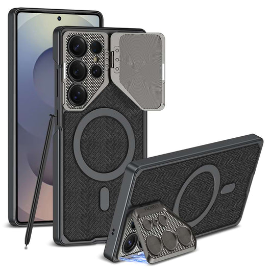 Magnetic Adjustable Camera Metal Kickstand Premium Rugged Protective Leather Case for Galaxy S25 Ultra