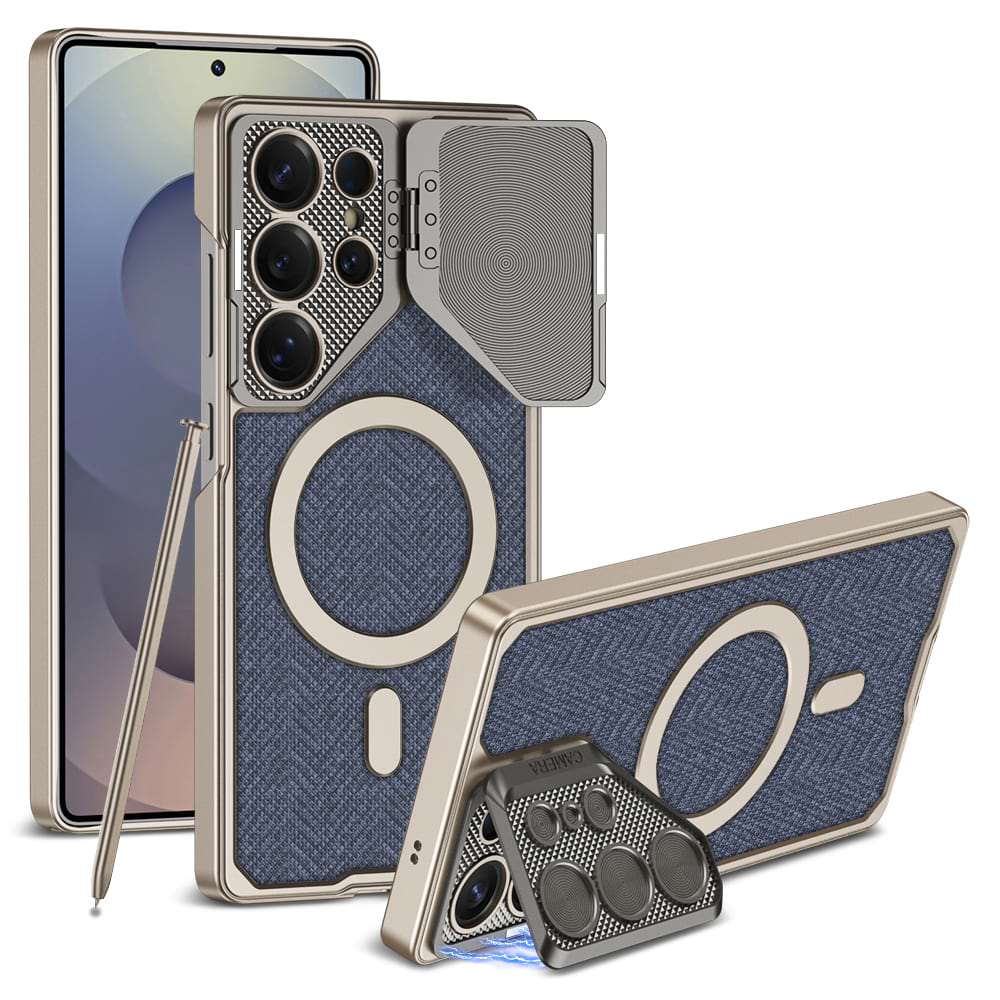Magnetic Adjustable Camera Metal Kickstand Premium Rugged Protective Leather Case for Galaxy S25 Ultra