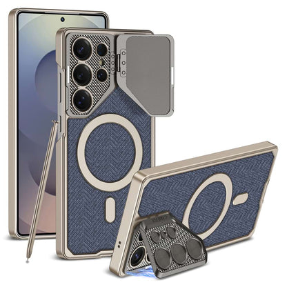 Magnetic Adjustable Camera Metal Kickstand Premium Rugged Protective Leather Case for Galaxy S25 Ultra