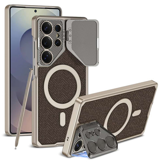 Magnetic Adjustable Camera Metal Kickstand Premium Rugged Protective Leather Case for Galaxy S25 Ultra