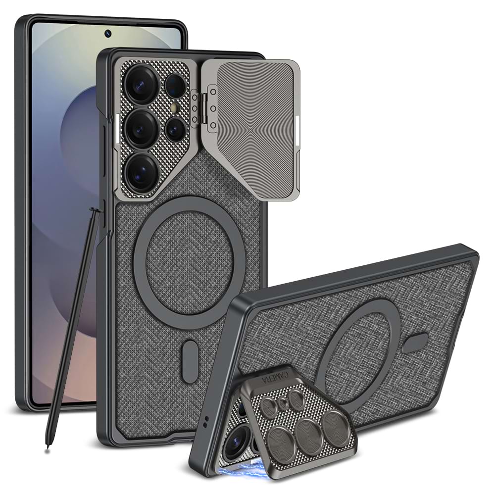 Magnetic Adjustable Camera Metal Kickstand Premium Rugged Protective Leather Case for Galaxy S25 Ultra