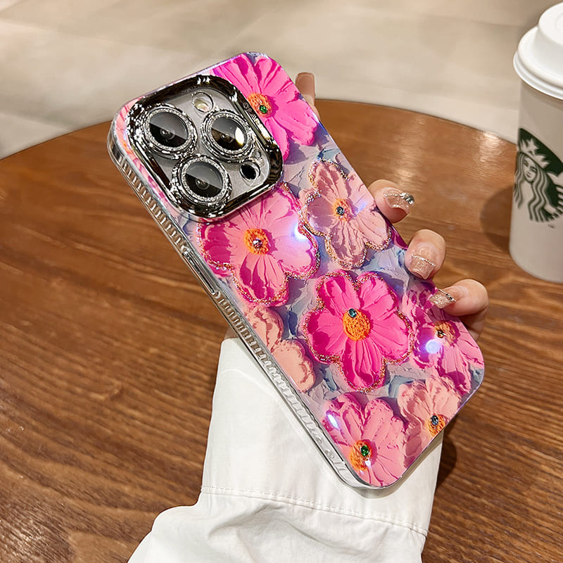 Ins Hot Oil Painting Flower iPhone Cases with Lens Protector Film / Crystal Chain