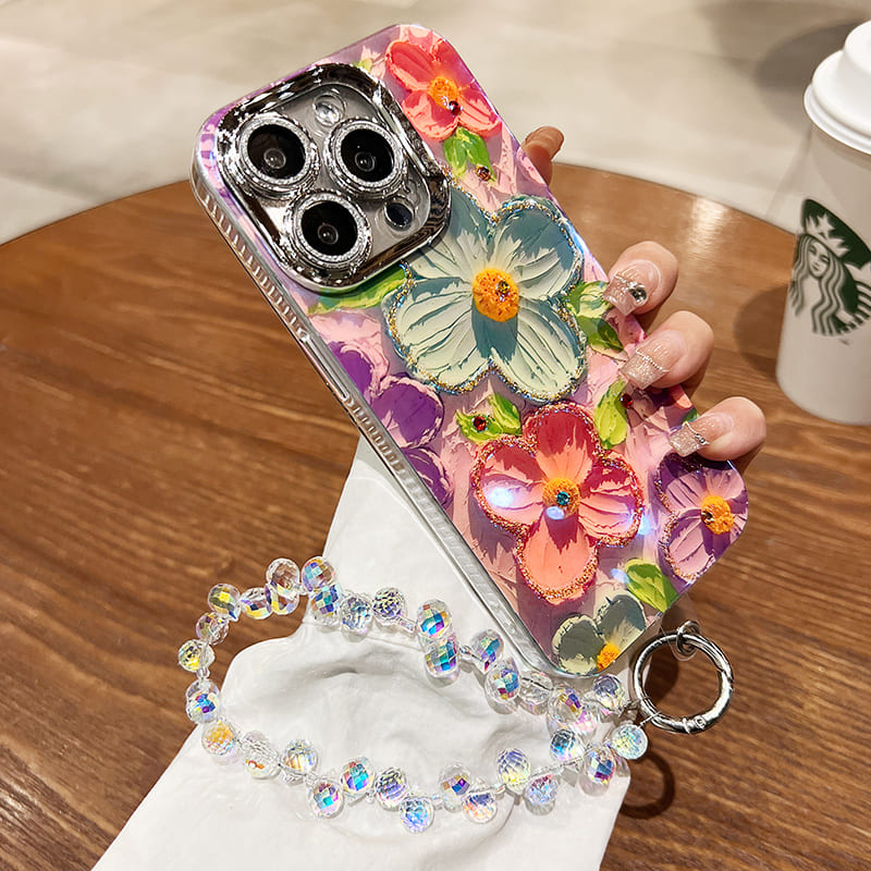 Ins Hot Oil Painting Flower iPhone Cases with Lens Protector Film / Crystal Chain