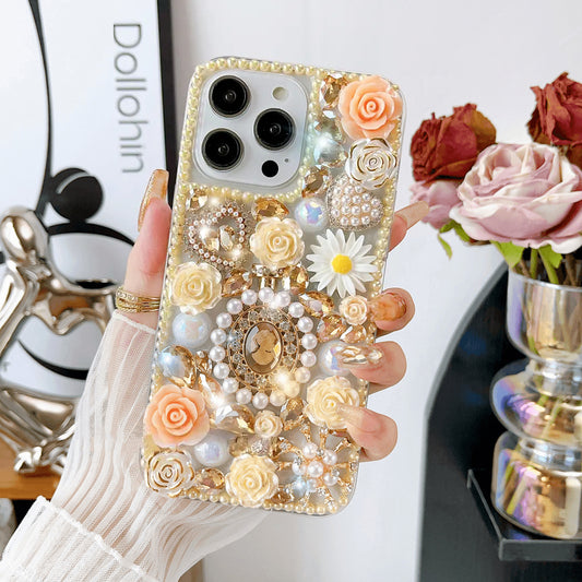 Glitter Diamond Pearl Crystal Rhinestones Flower Cover for iPhone and Samsung - Gold