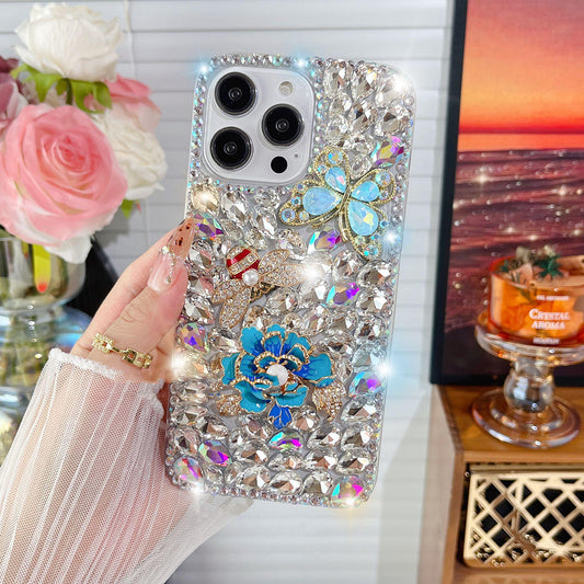 Glitter Crystal Flower Rhinestone Butterfly Cover for iPhone and Samsung - Blue