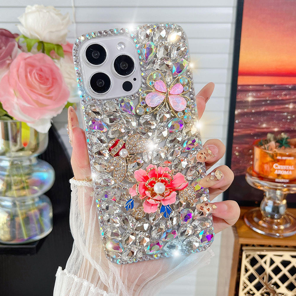 Glitter Crystal Flower Rhinestone Butterfly Cover for iPhone and Samsung - Red