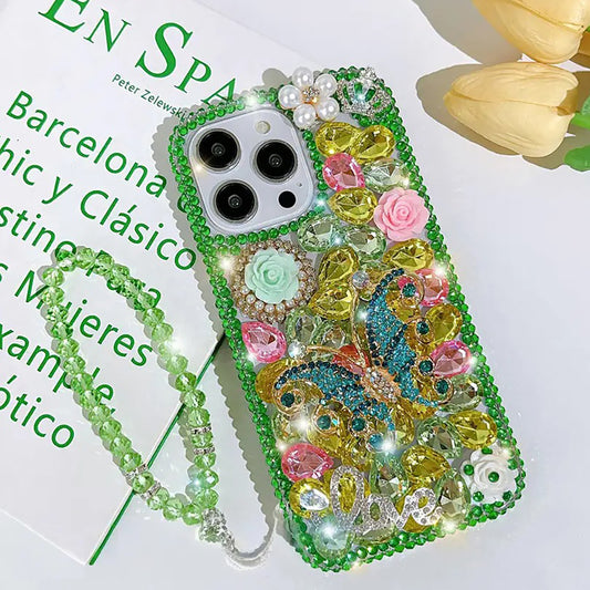 Glitter Crystal Butterfly Rhinestone Flower Bracelet Cover for iPhone and Samsung - Green