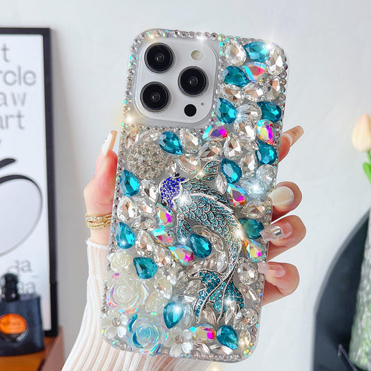 Glitter Crystal Fish Rhinestone Flower Cover for iPhone and Samsung - Blue