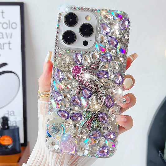 Glitter Crystal Fish Rhinestone Flower Cover for iPhone and Samsung - Purple