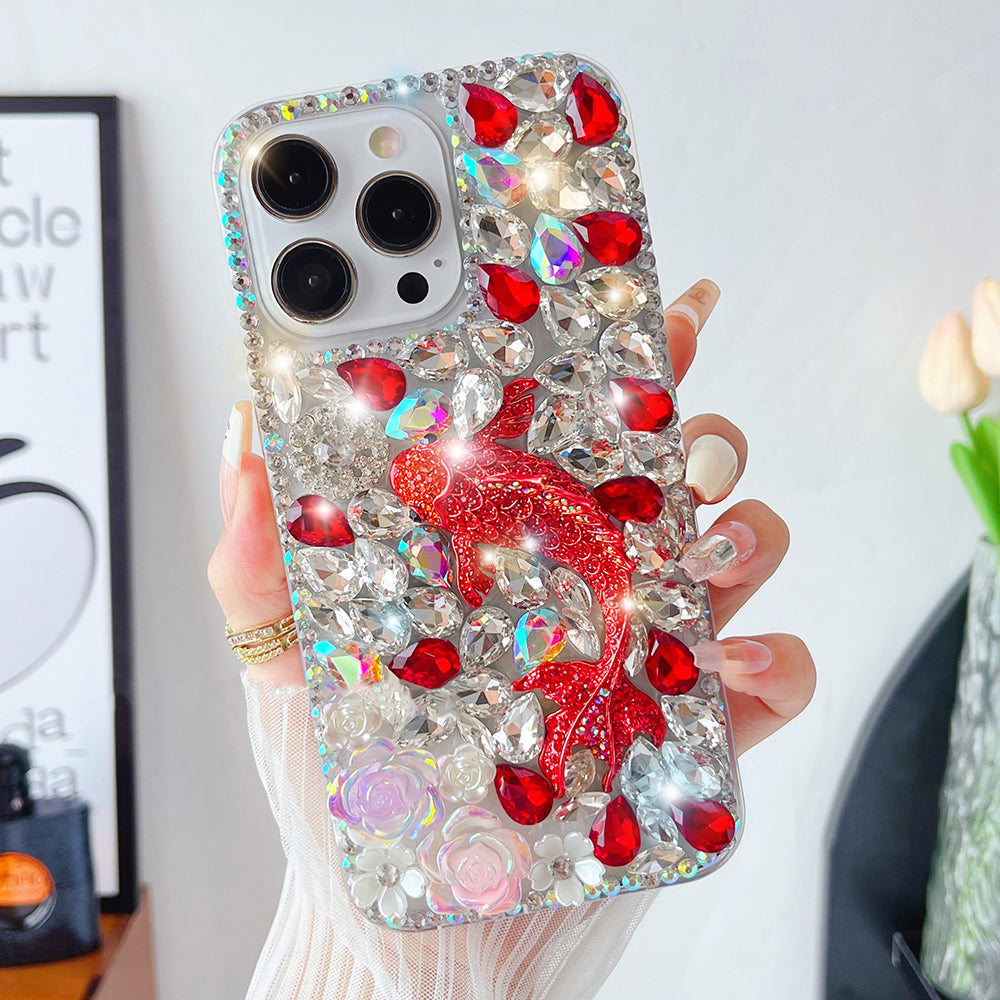 Glitter Crystal Fish Rhinestone Flower Cover for iPhone and Samsung - Red