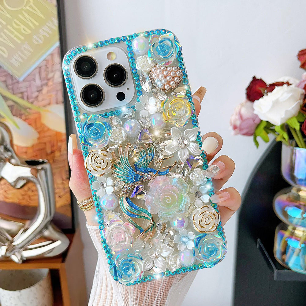 Glitter Phoenix Rose Pearl Crystal Rhinestone Cover for iPhone and Samsung - Blue