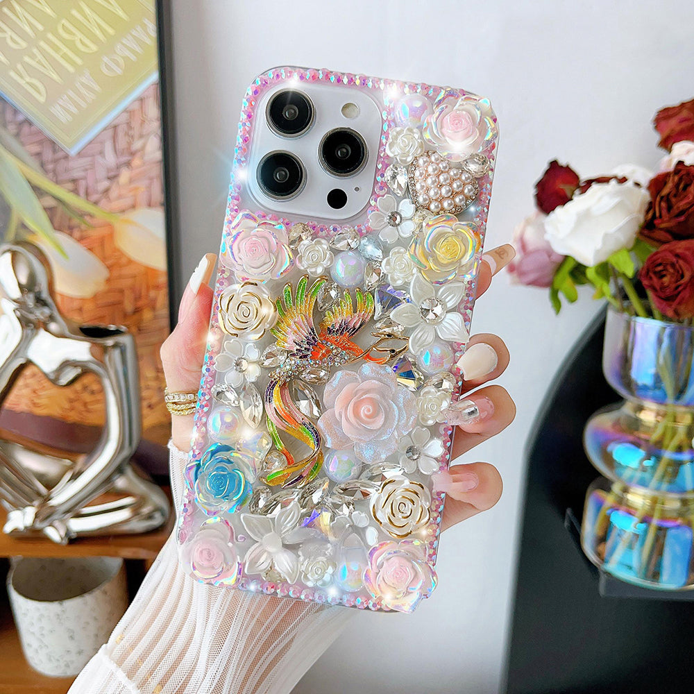 Glitter Phoenix Rose Pearl Crystal Rhinestone Cover for iPhone and Samsung - Pink