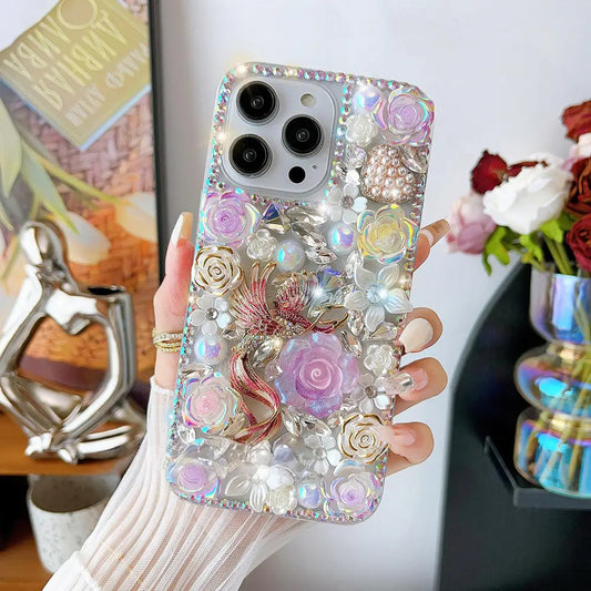 Glitter Phoenix Rose Pearl Crystal Rhinestone Cover for iPhone and Samsung - Purple