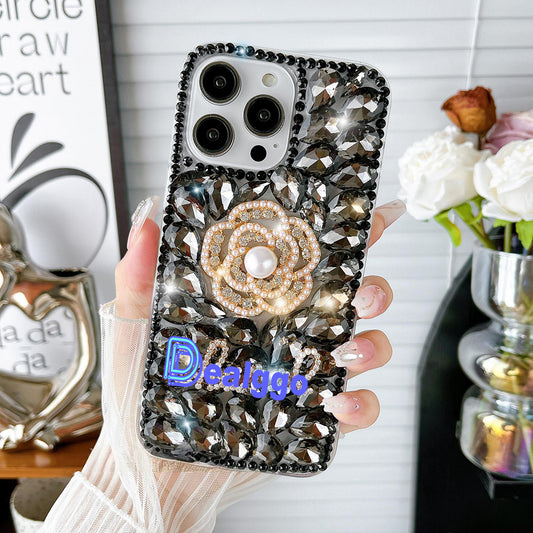 Glitter Camellia Flower Diamond Crystal Rhinestones Cover for iPhone and Samsung - Black